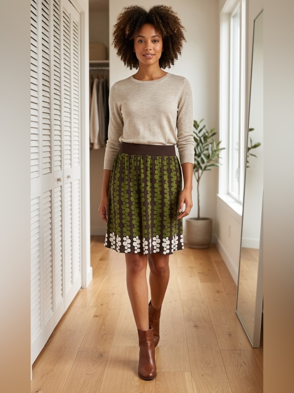 Max Studio Retro Geometric Stretch Skirt with Pockets | Brown & Green | Sz S